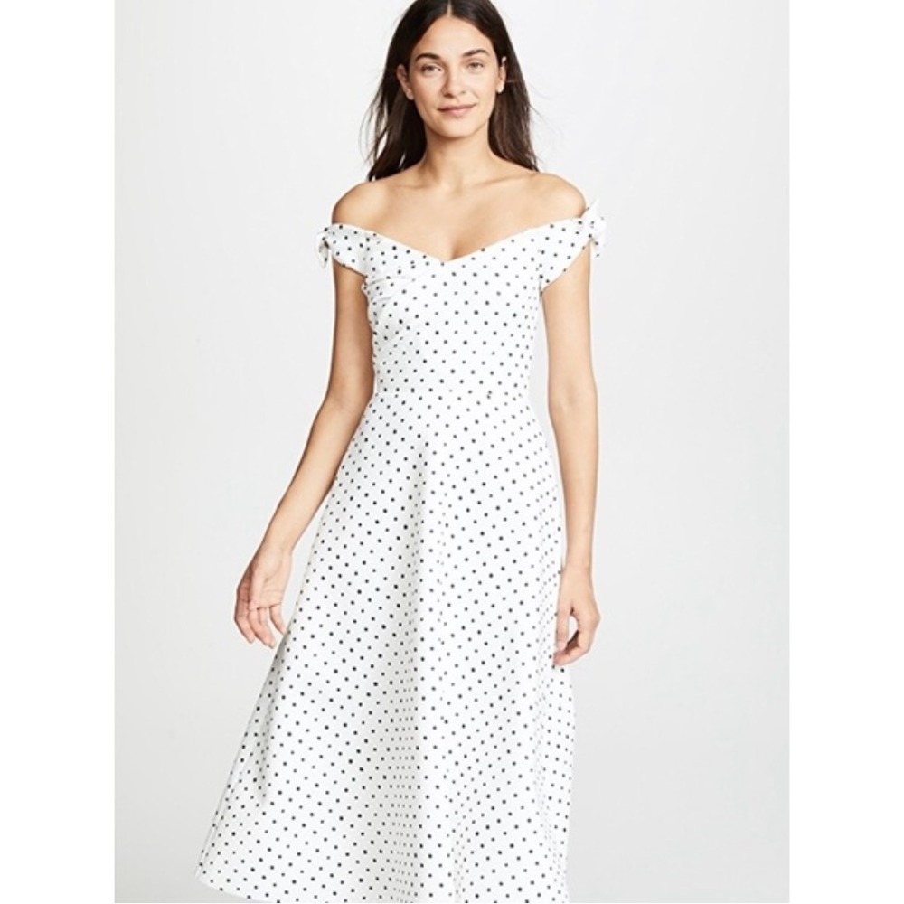 Saloni Ruth Polka Dot Midi Dress Off the Shoulder Tie Straps White‎ Black US 2